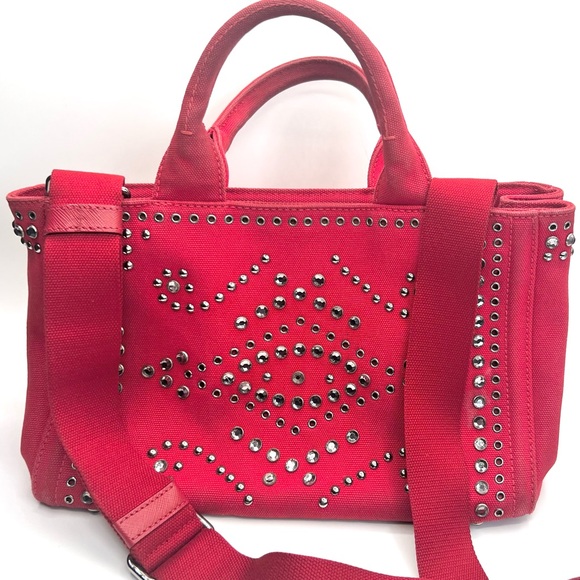 Prada Handbags - PRADA Canapa Bijoux Tote in Crystal Studded Red Canvas Denim
